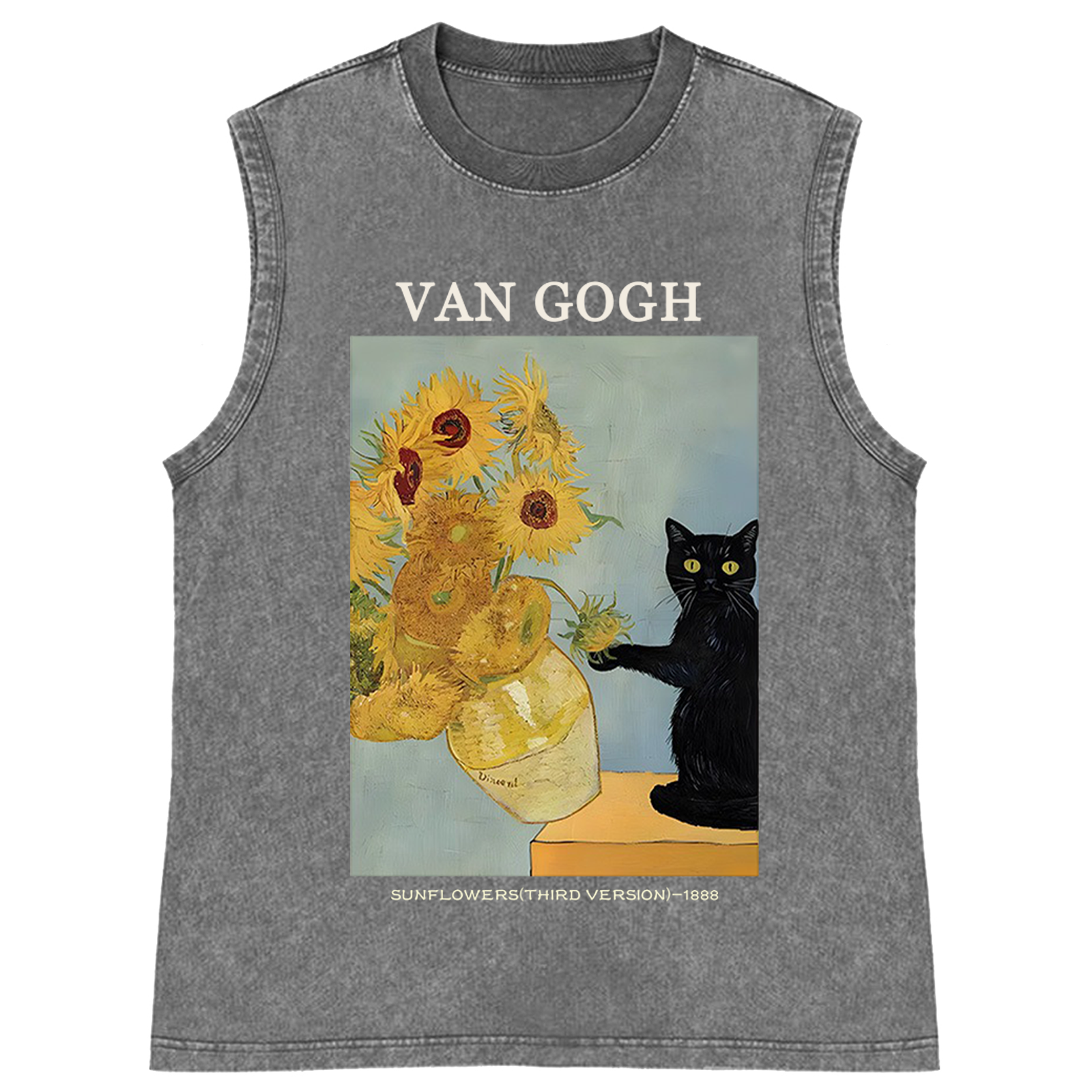 Playful Cat Meets Van Gogh Sunflowers Retro Washed Tank Top
