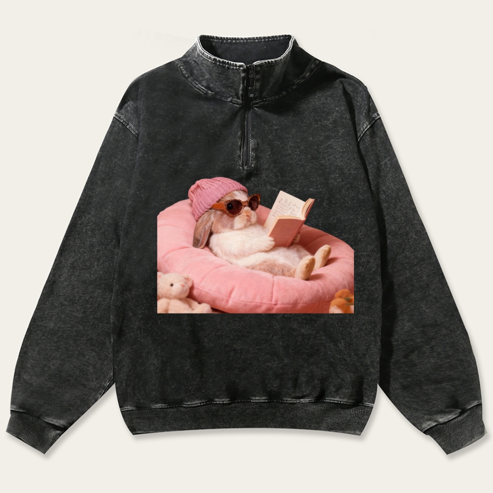 Bunny Bookish Rabbit Retro Washed Zip-Up Mock Neck Sweatshirt
