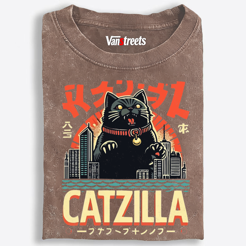 Japanese Style Catzilla Retro Washed T-Shirt | 100% Cotton | Streetwear Essential