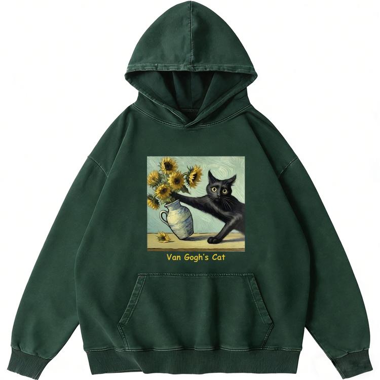 Van Gogh's Sunflowers Black Cat Retro Washed Hoodide | 100% Cotton | Streetwear Essential