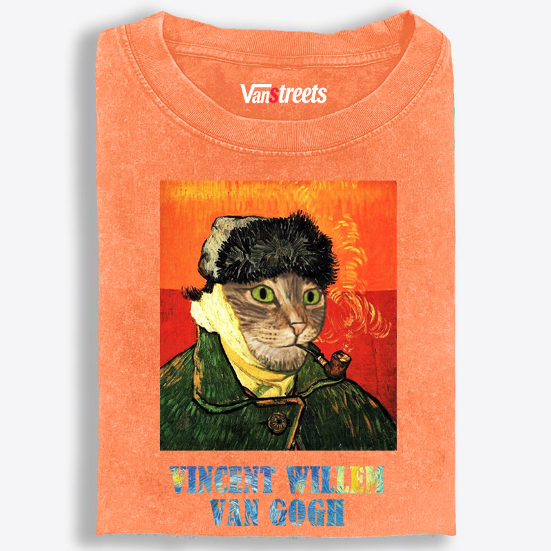 Vincent Willem Van Gogh Cat Self-Portrait Retro Washed T-Shirt | 100% Cotton | Streetwear Essential