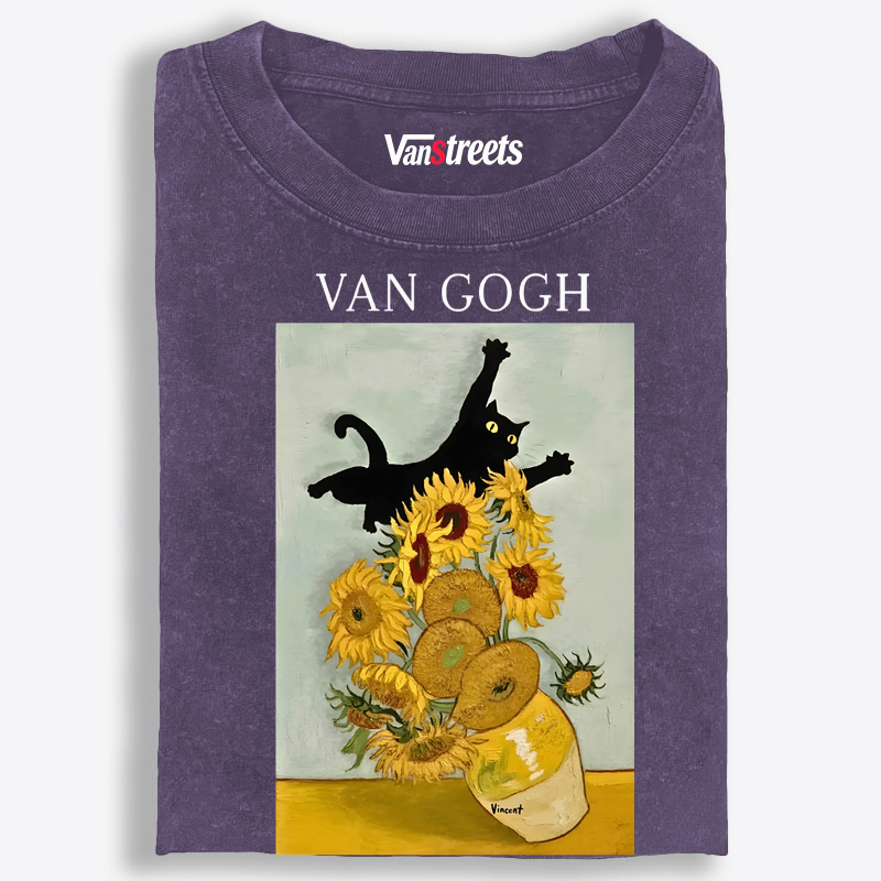 Funny Van Gogh Art Cat Graphic Washed T-Shirt | 100% Cotton | Streetwear Essential