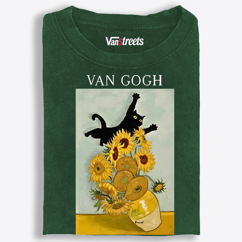 Funny Van Gogh Art Cat Graphic Washed T-Shirt | 100% Cotton | Streetwear Essential