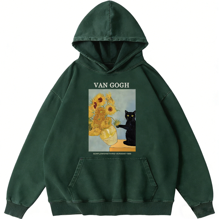 Playful Cat Meets Van Gogh Sunflowers Retro Washed Hoodide