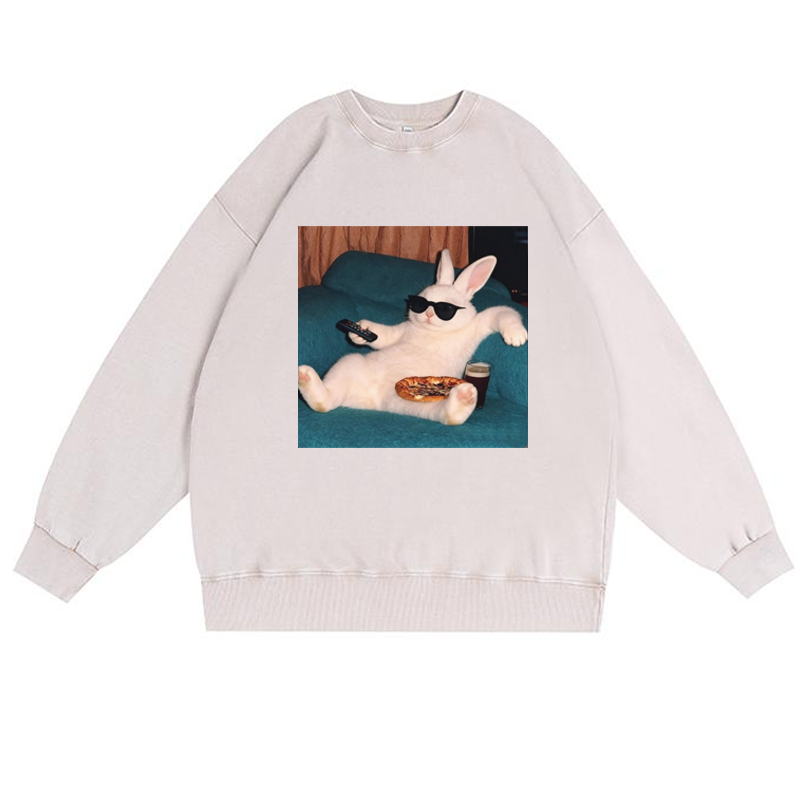 Couch Potato Bunny Retro Premium Washed Cotton Crewneck Sweatshirt