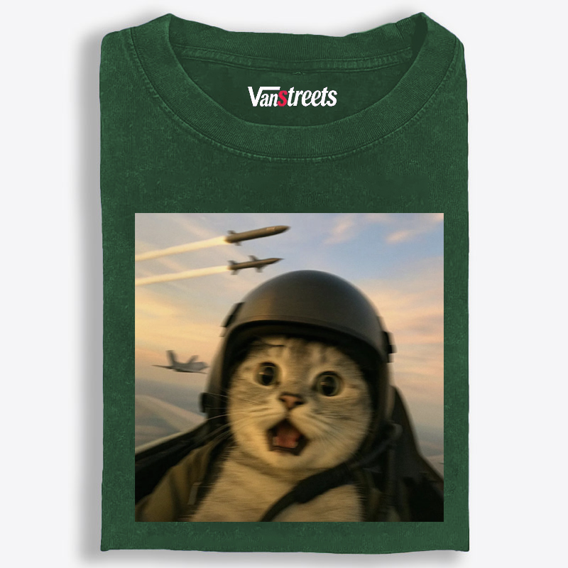 Fighter Jet Cat Pilot Meme Retro Washed T-Shirt | 100% Cotton | Streetwear Essential