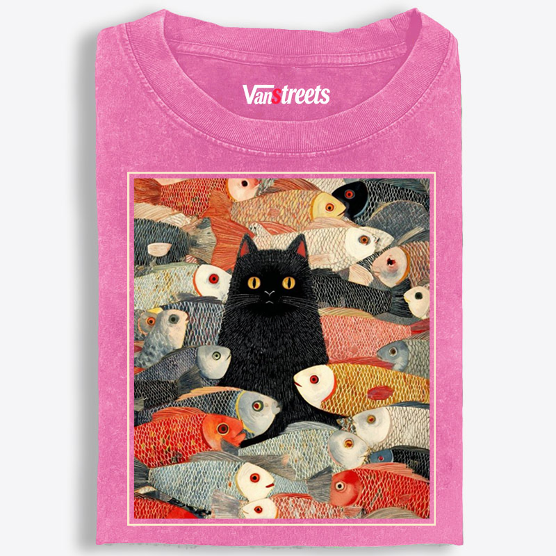 Black Cat Among Fish Art Retro Washed T-Shirt | 100% Cotton | Streetwear Essential