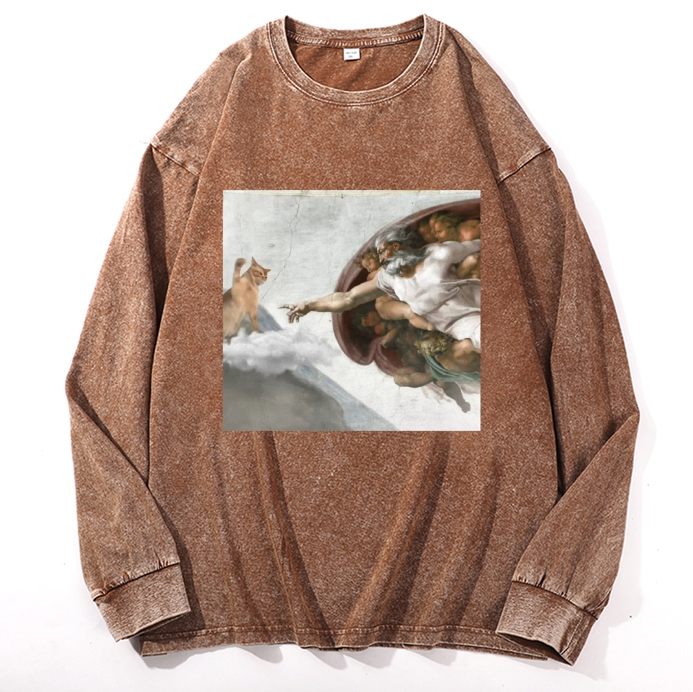 Cat Parody of "The Creation of Adam" Art Retro Washed Long Sleeve T-Shirt