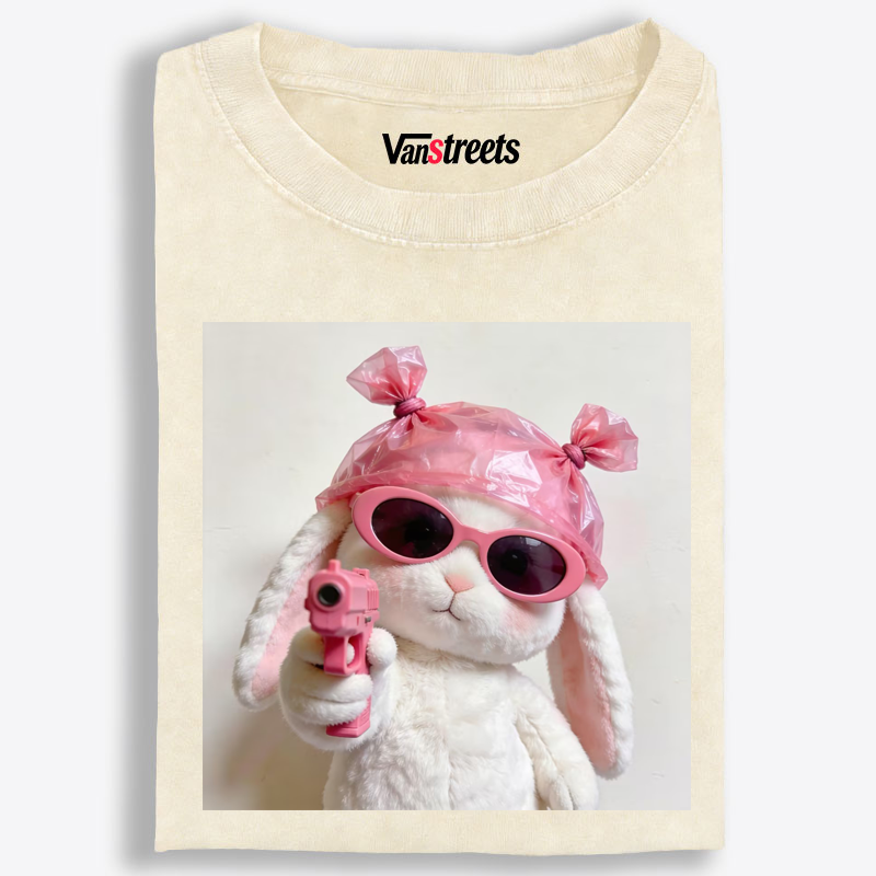 Pink Gun Gangsta Bunny Meme Retro Washed T-Shirt | 100% Cotton | Streetwear Essential