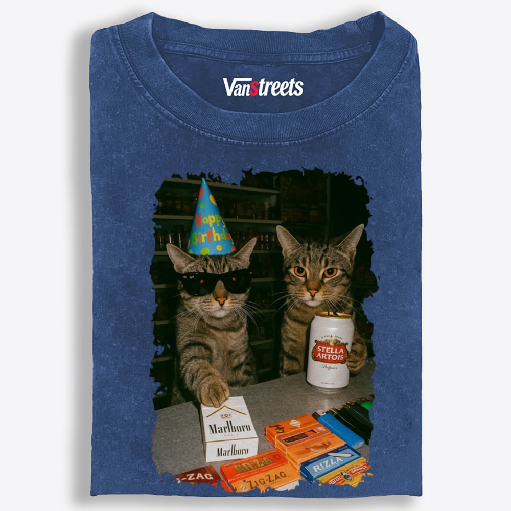 Birthday Party Cats Marlboro Beer Vintage Washed T-Shirt | 100% Cotton | Streetwear Essential