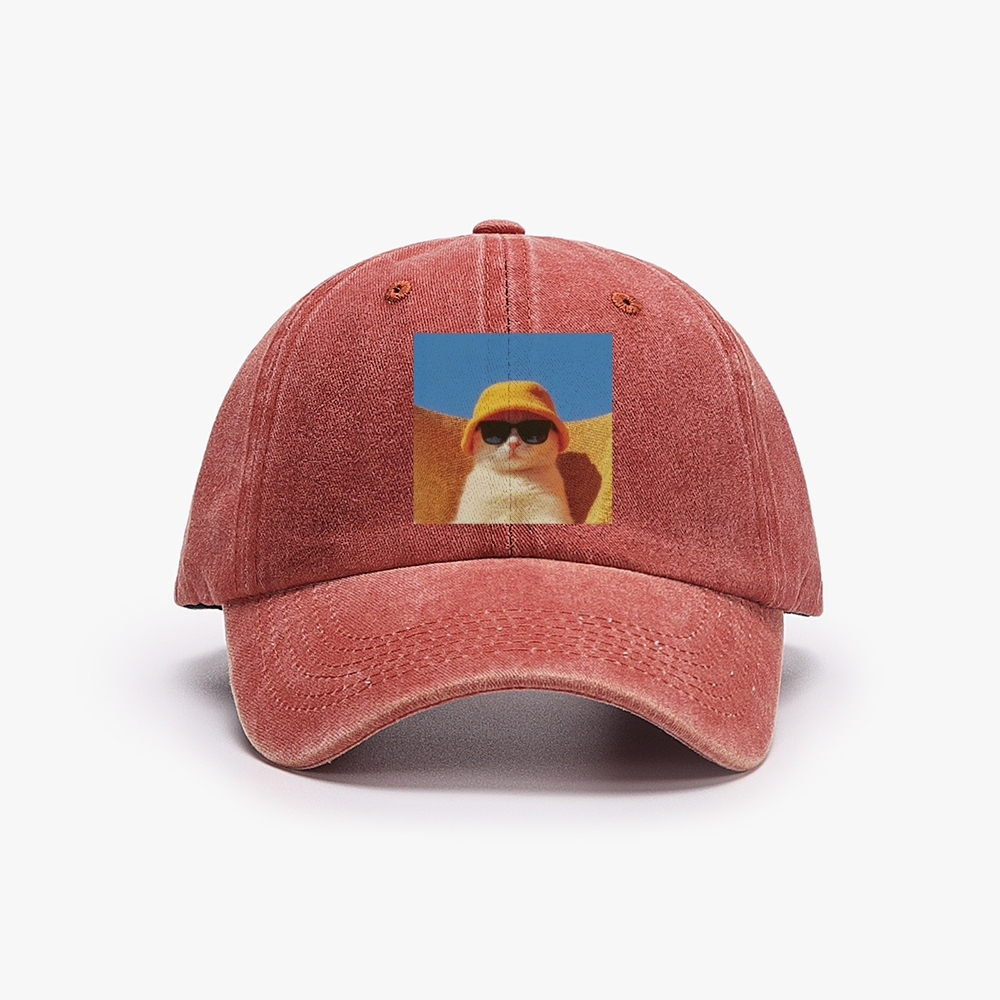 Cool Cat In Yellow Bucket Hat Streetwear Retro Washed Baseball Cap