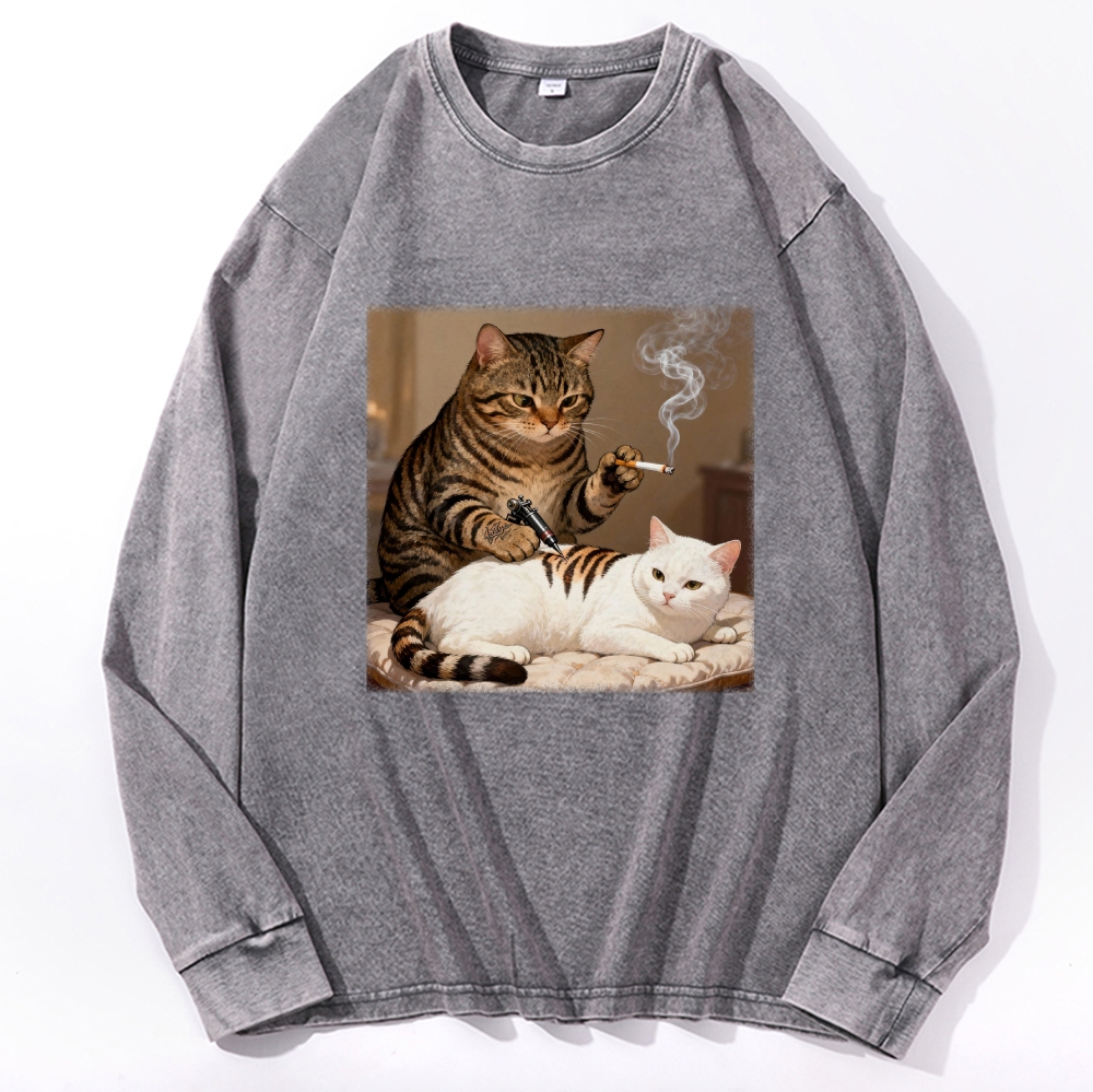 Cat Tattoo Artist Retro Washed Long Sleeve T-Shirt