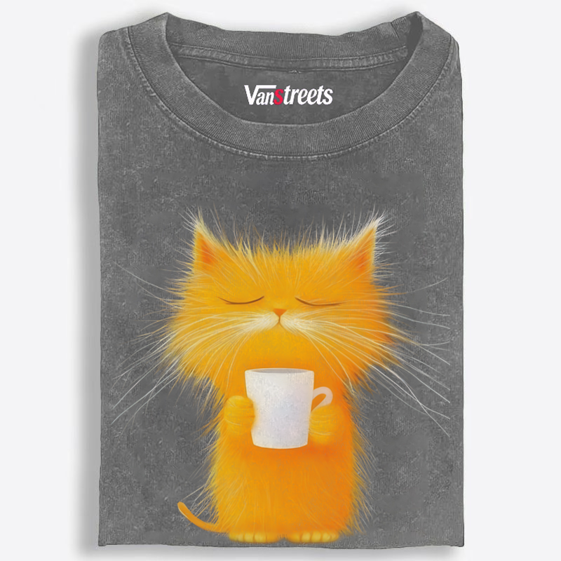 Fluffy Orange Cat with Coffee Retro Washed T-Shirt | 100% Cotton | Streetwear Essential