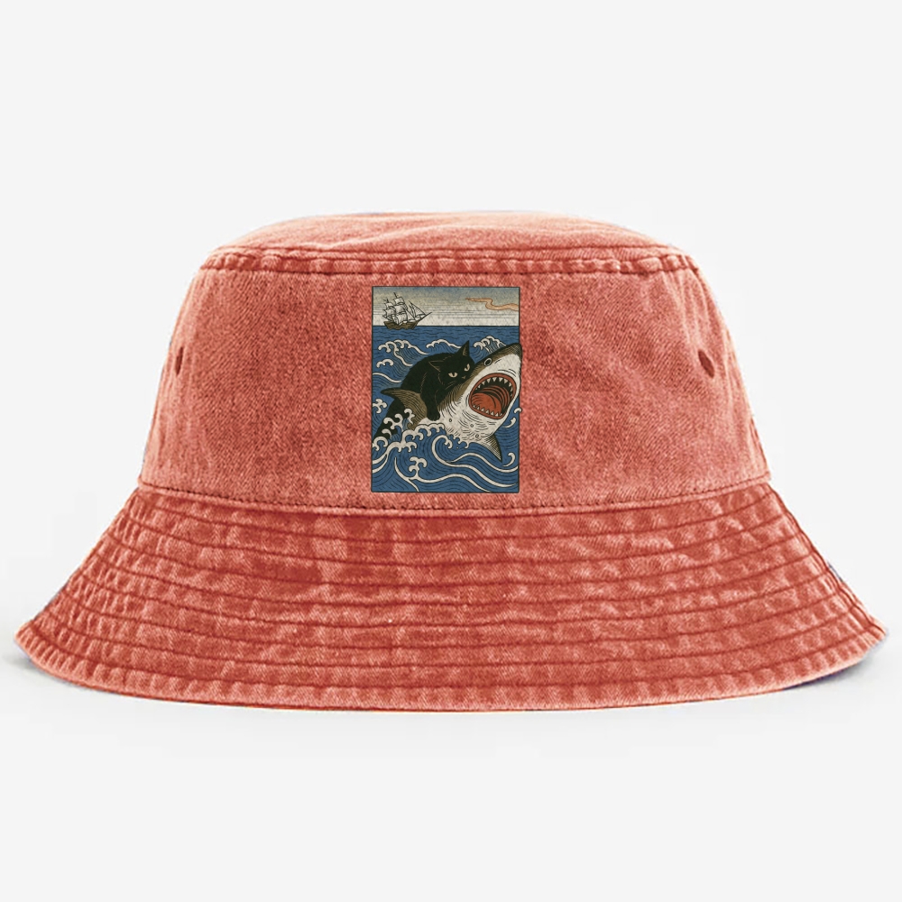 Ukiyo-e Cat Riding Shark Retro Vintage Washed Bucket Hat