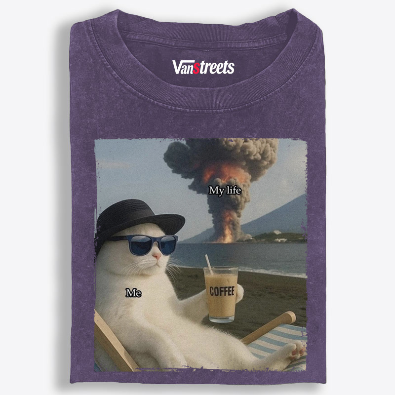 Volcano Coffee Cat "Me vs My Life" Meme Retro Washed T-Shirt | 100% Cotton | Streetwear Essential