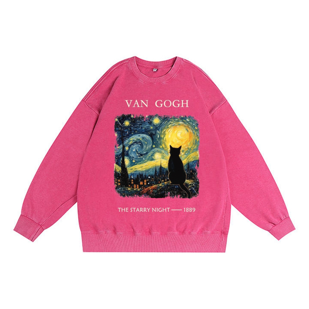 Van Gogh Starry Night Cat Retro Premium Washed Cotton Crewneck Sweatshirt