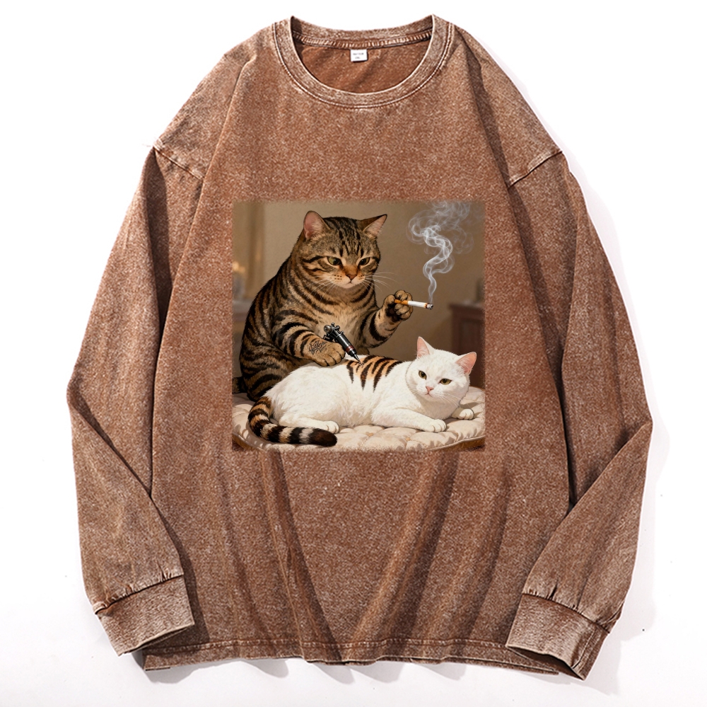 Cat Tattoo Artist Retro Washed Long Sleeve T-Shirt