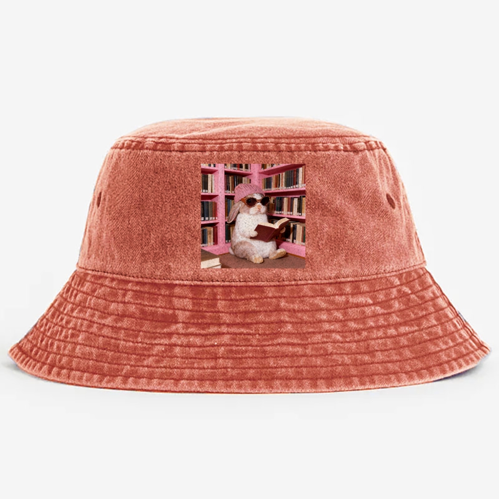 Bunny Bookish Rabbit Retro Vintage Washed Bucket Hat