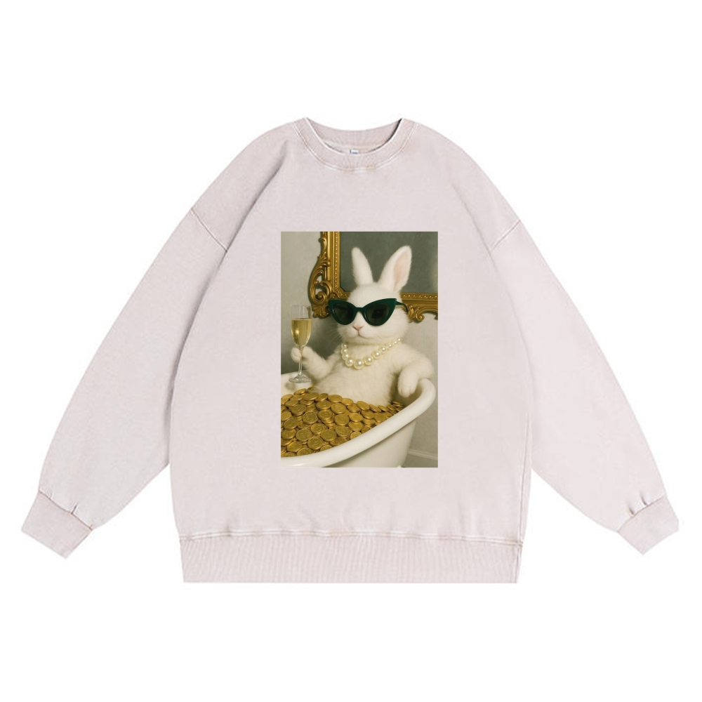 Bathtub Gold Coins Bunny Retro Premium Washed Cotton Crewneck Sweatshirt