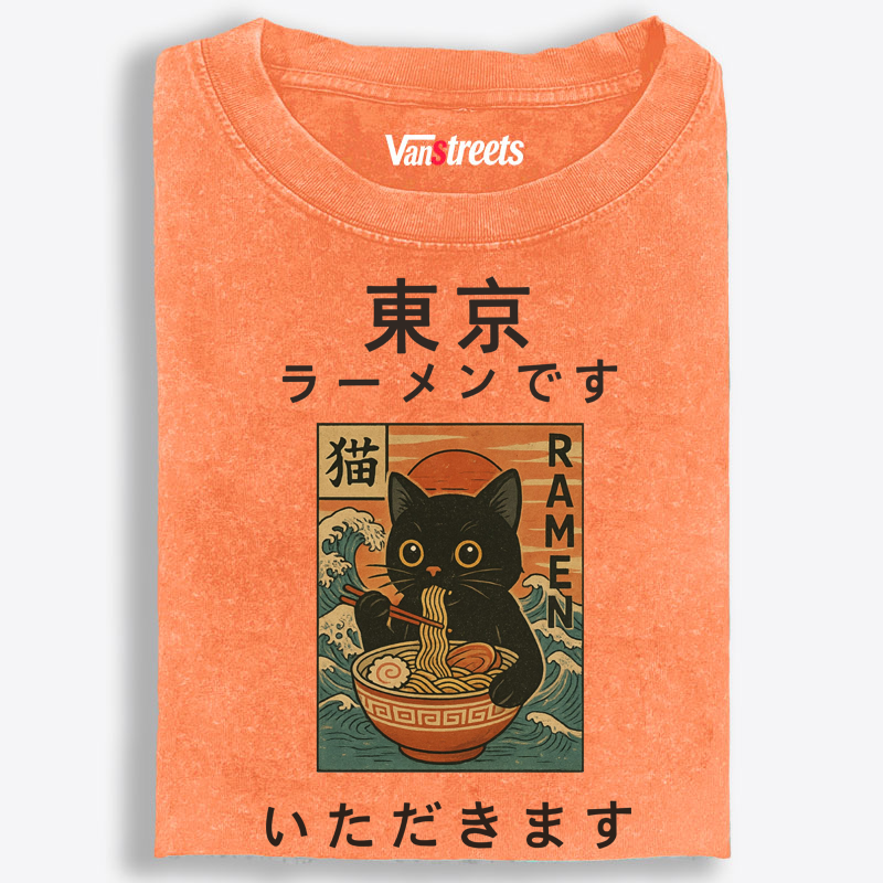 Tokyo Ramen Cat Retro Washed T-Shirt | 100% Cotton | Streetwear Essential