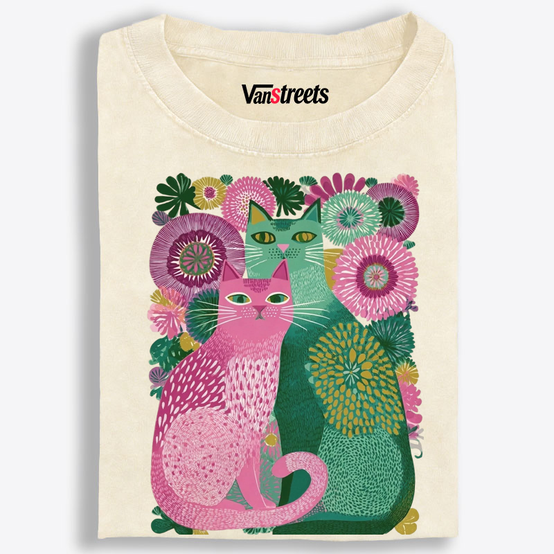 Floral Cats Retro Washed T-Shirt | 100% Cotton | Streetwear Essential