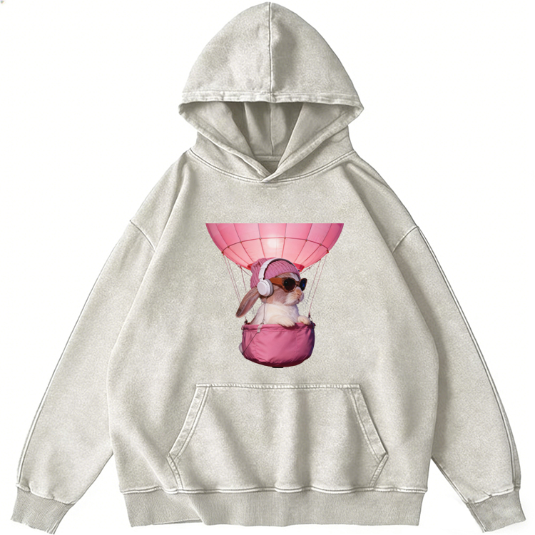 Hot Air Balloon Travel Rabbit Retro Washed Hoodide | 100% Cotton | Streetwear Essential
