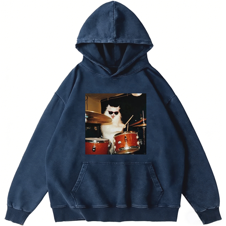 Rock And Roll Cat Drummer Meme Retro Washed Hoodide