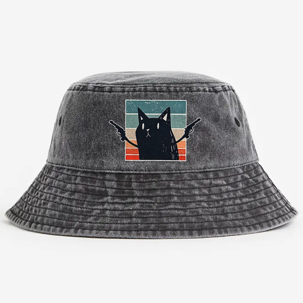 "Pew Pew Madafakas" Black Cat Retro Vintage Washed Bucket Hat