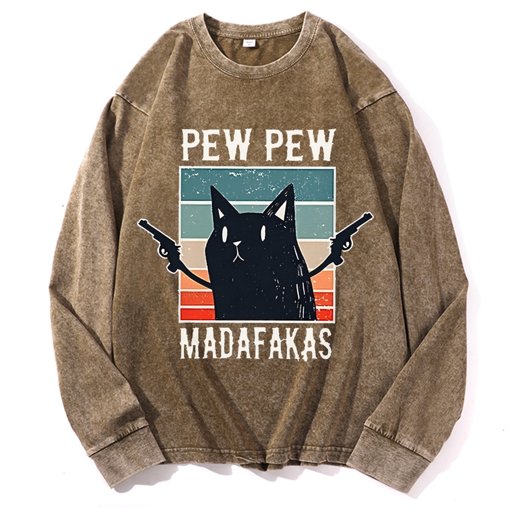 "Pew Pew Madafakas" Black Cat Retro Washed Long Sleeve T-Shirt