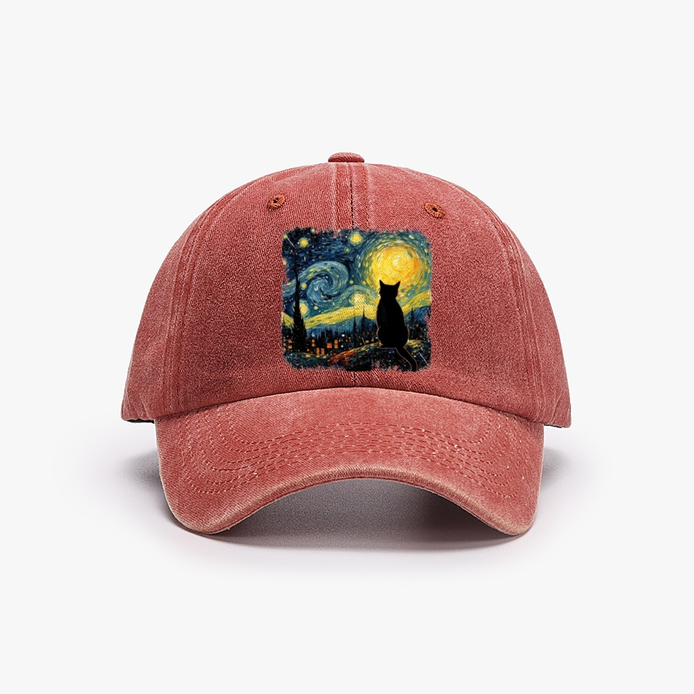 Van Gogh Starry Night Cat Retro Washed Baseball Cap