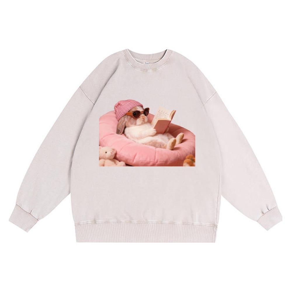 Bunny Bookish Rabbit Retro Premium Washed Cotton Crewneck Sweatshirt