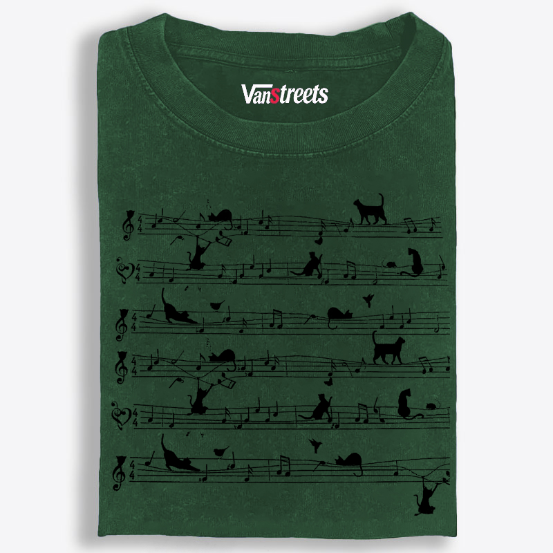 Cat Music Sheet Retro Washed T-Shirt | 100% Cotton | Streetwear Essential
