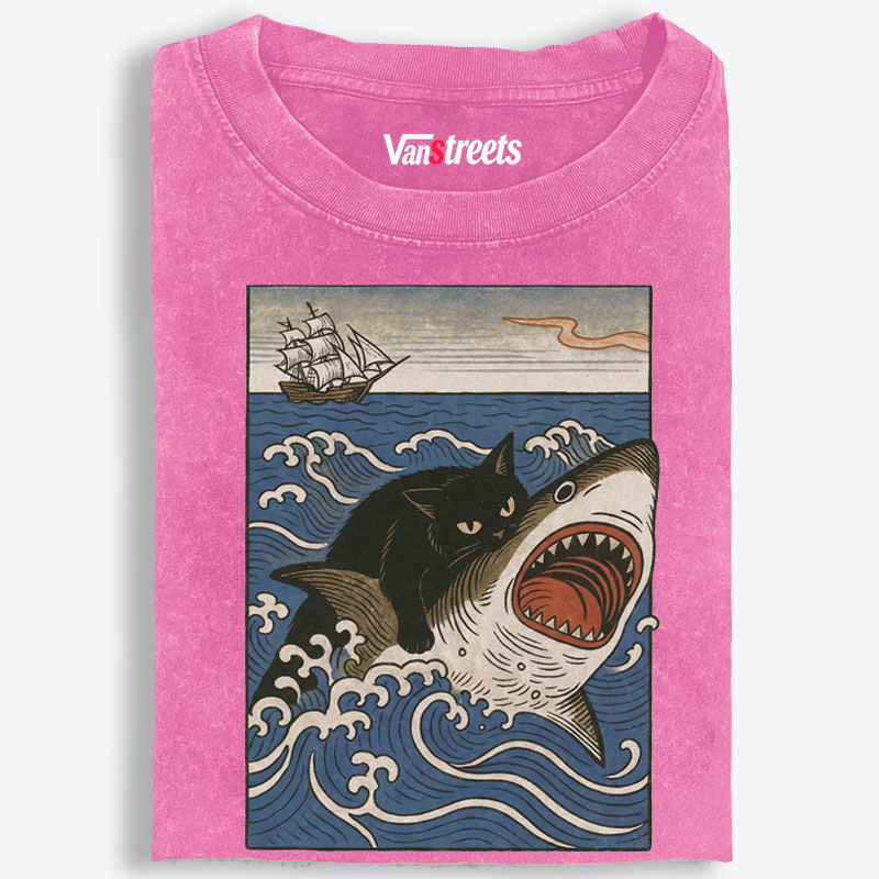 Ukiyo-e Cat Riding Shark Retro Washed T-Shirt | 100% Cotton | Streetwear Essential