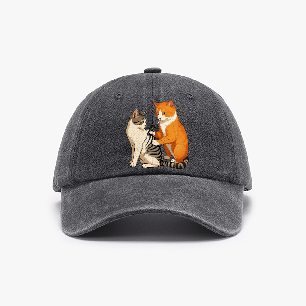 Cat in Starry Night with UFO Meme Retro Washed Baseball Cap