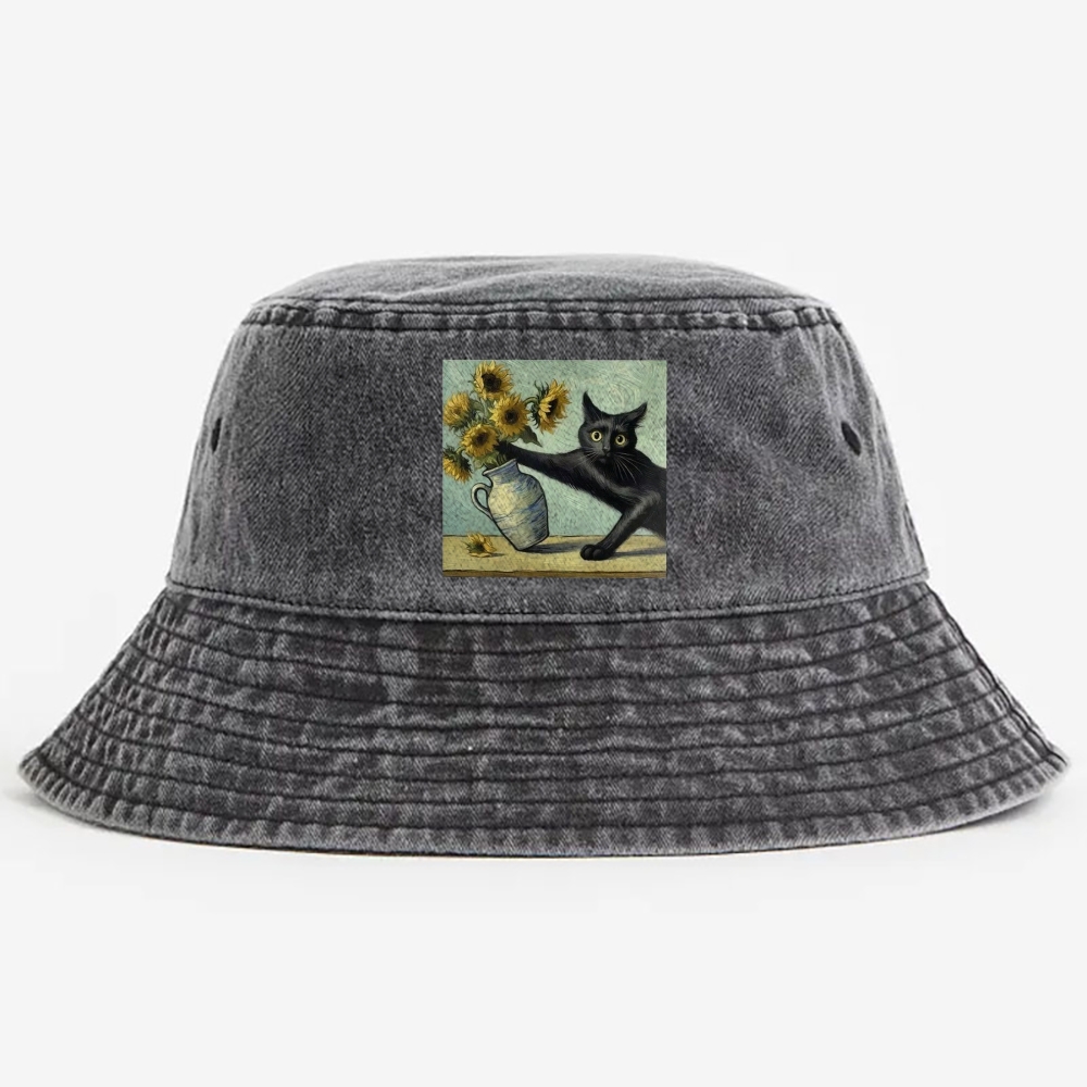 Van Gogh's Cat with Sunflowers Retro Vintage Washed Bucket Hat