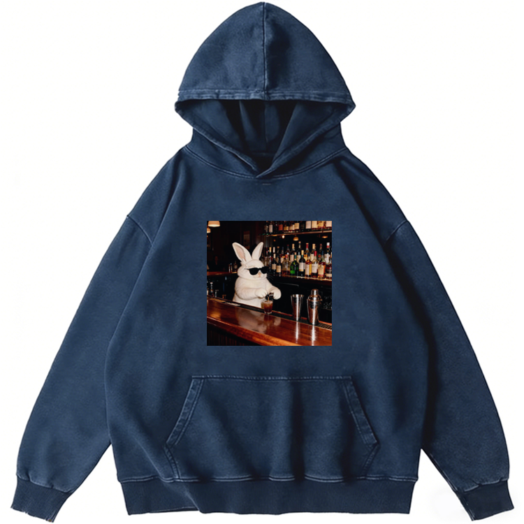 Bartender Rabbit Cool Guy Retro Washed Hoodide | 100% Cotton | Streetwear Essential