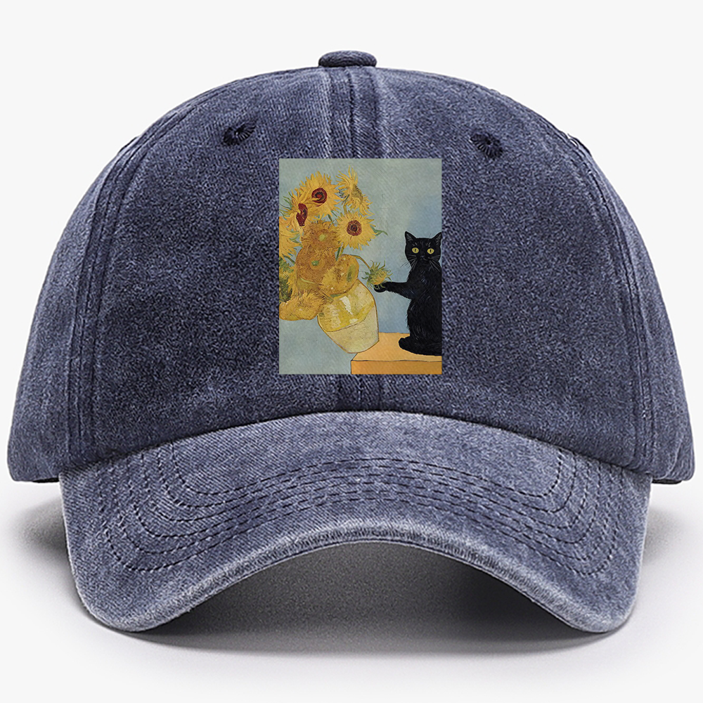 Playful Cat Meets Van Gogh Sunflowers Retro Washed Baseball Cap