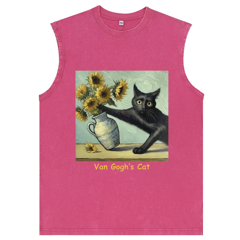 Van Gogh's Cat with Sunflowers Retro Washed Tank Top