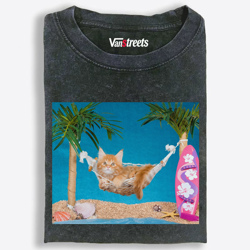 Tropical Hammock Kitten Graphic Washed T-Shirt | 100% Cotton | Streetwear Essential