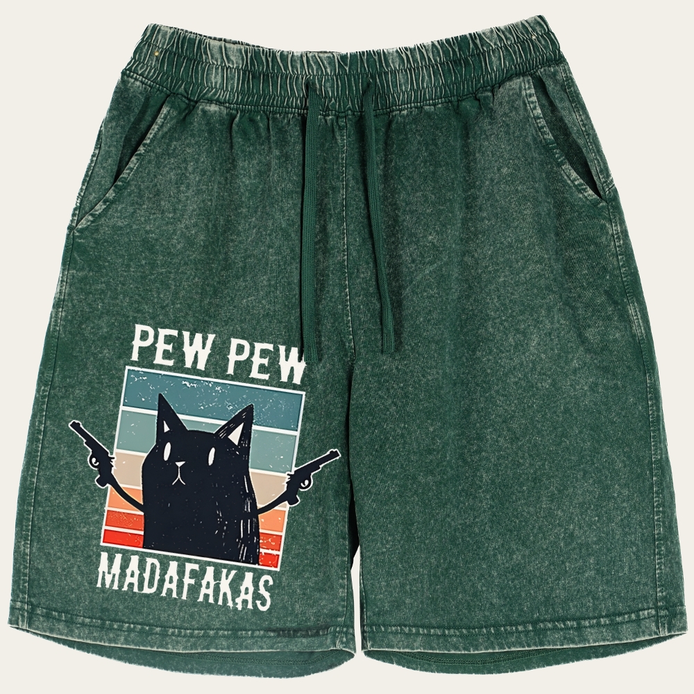 "Pew Pew Madafakas" Black Cat Retro Washed Shorts