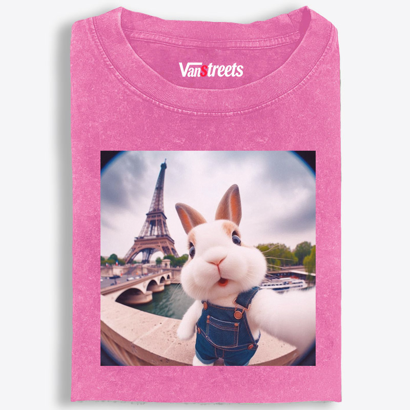 Eiffel Tower Selfie Bunny Meme Retro Washed T-Shirt | 100% Cotton | Streetwear Essential