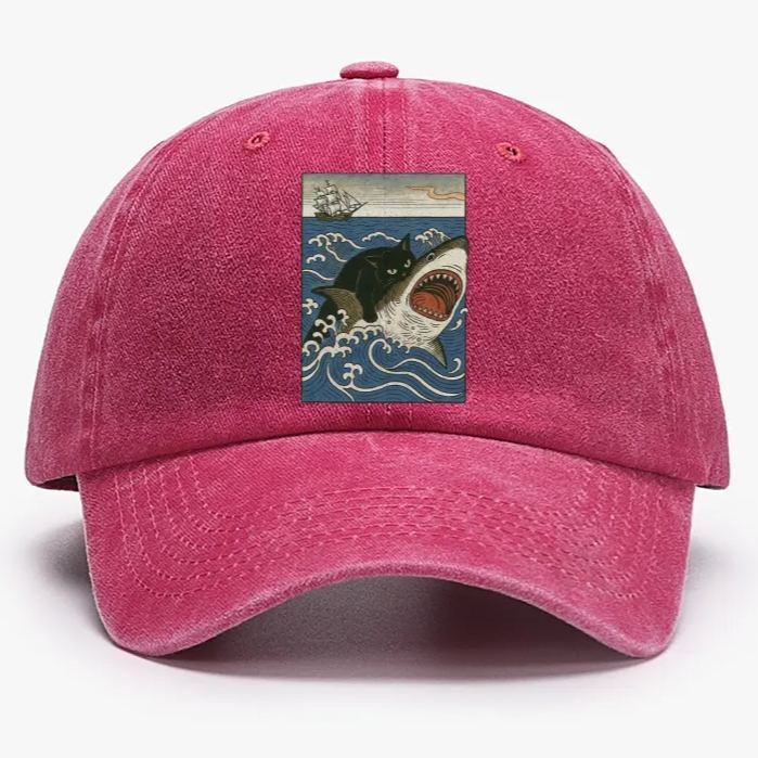 Ukiyo-e Cat Riding Shark Retro Washed Baseball Cap