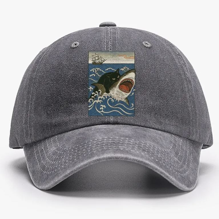 Ukiyo-e Cat Riding Shark Retro Washed Baseball Cap