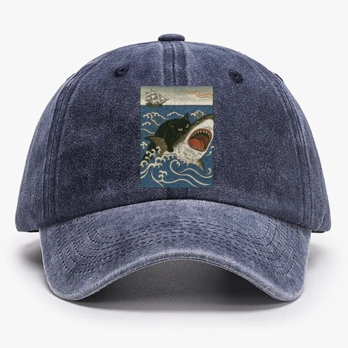 Ukiyo-e Cat Riding Shark Retro Washed Baseball Cap
