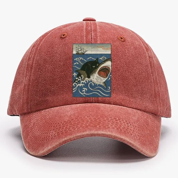 Ukiyo-e Cat Riding Shark Retro Washed Baseball Cap