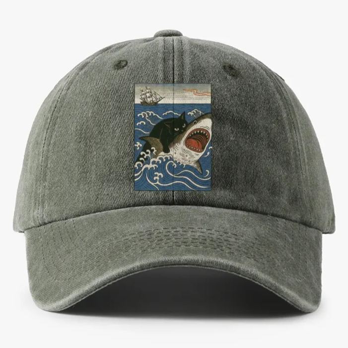 Ukiyo-e Cat Riding Shark Retro Washed Baseball Cap