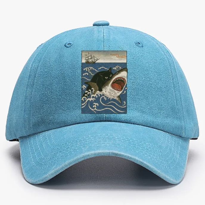 Ukiyo-e Cat Riding Shark Retro Washed Baseball Cap