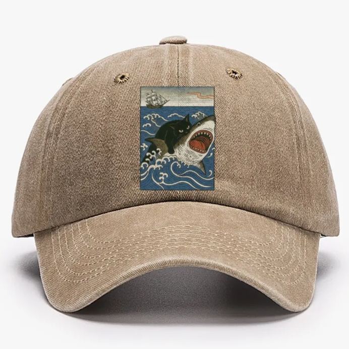 Ukiyo-e Cat Riding Shark Retro Washed Baseball Cap