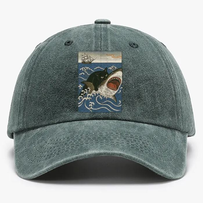 Ukiyo-e Cat Riding Shark Retro Washed Baseball Cap