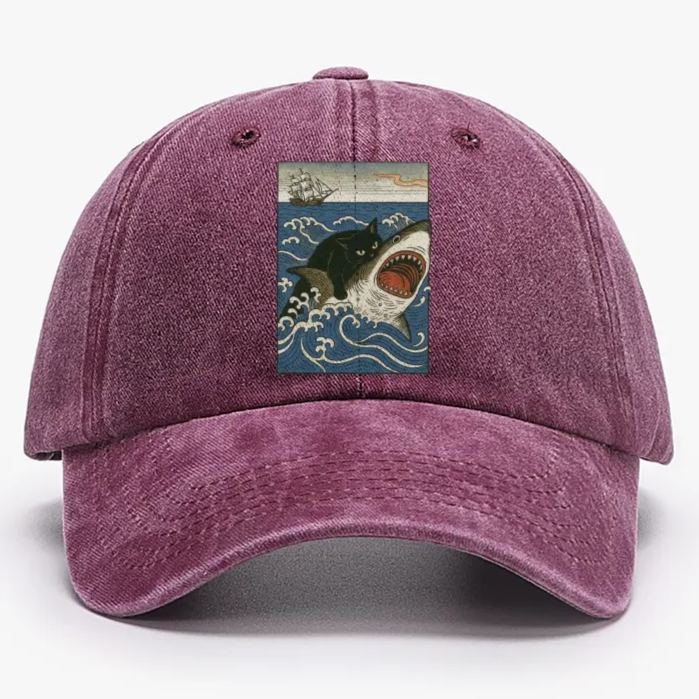 Ukiyo-e Cat Riding Shark Retro Washed Baseball Cap
